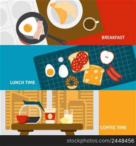 Breakfast lunch and coffee time horizontal banners set flat isolated vector illustration . Breakfast banners set