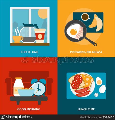 Breakfast lunch and coffee time icons set with preparing a meal flat isolated vector illustration . Breakfast and lunch icons set