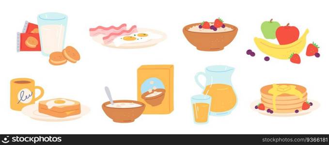 Breakfast meal. Morning lunch drink and food healthy fruit, eggs and bacon, bread, porridge, cereal and milk, pancakes. Luncheon vector set. Cookies, jar and glass with juice, dishes for eating. Breakfast meal. Morning lunch drink and food healthy fruit, eggs and bacon, bread, porridge, cereal and milk, pancakes. Luncheon vector set