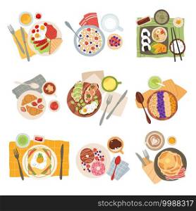 Breakfast meal. Morning tasty healthy food types, avocado toasts, americano coffee and doughnuts, pancakes with bacon, eggs and sandwich, oatmeal and croissants top view. Vector trendy cartoon set. Breakfast meal. Morning tasty healthy food types, avocado toasts, americano coffee and doughnuts, pancakes with bacon, eggs and sandwich, oatmeal and croissants top view vector set