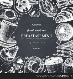 Breakfast menu design on chalkboard. Hand drawn coffee and pastries illustrations. Fast food sketches in engraved style. Vector template for cafe or bakery design.
