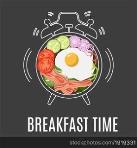 Breakfast menu. Fried eggs, bacon, tomato, seasoning on plate with alarm clock. Breakfast time concept. Vector illustration in flat style. Fried eggs, bacon, tomato,