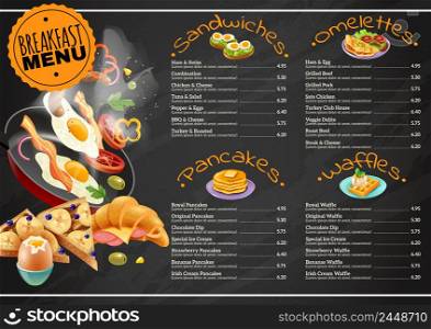 Breakfast menu on black chalkboard including omelettes sandwiches with vegetables pancakes waffles with chocolate, fruits vector illustration. Breakfast Menu On Chalkboard