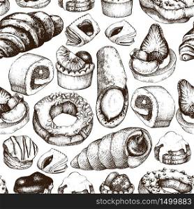 Breakfast Pastries and Brownies background. Hand drawn baked products illustration. Vintage food sketches. Seamless pattern for cafe or bakery menu design.