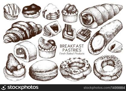 Breakfast Pastries and Brownies collection. Hand drawn baked products on white background. Vintage food sketches for cafe or bakery menu design.