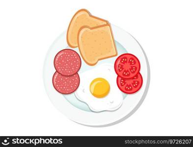 Breakfast Plate with Fried Egg, Tomato Pepperoni and Toasted Bread Vector Flat Design