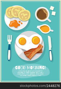 Breakfast poster with fried eggs bacon coffee icons and good morning text vector illustration