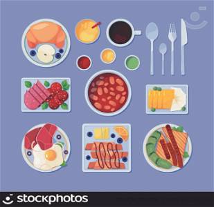Breakfast products. Food top view on restaurant dishes drinks and snacks products eggs vegetables pancakes meal bread garish vector illustrations collection for food menu restaurant breakfast. Breakfast products. Food top view on restaurant dishes drinks and snacks products eggs vegetables pancakes meal bread garish vector illustrations collection
