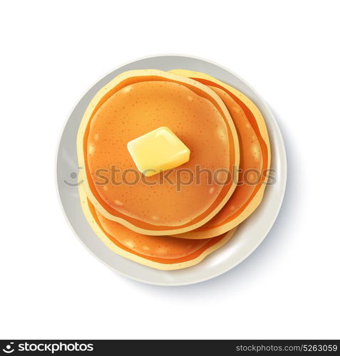 Breakfast Realistic Pancakes Top View Image . Breakfast food menu item tasty fluffy homestyle pancakes with butter plate realistic top view image vector illustration