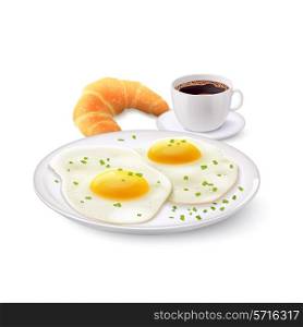 Breakfast realistic set with cup of coffee croissant and fried egg on plate vector illustration