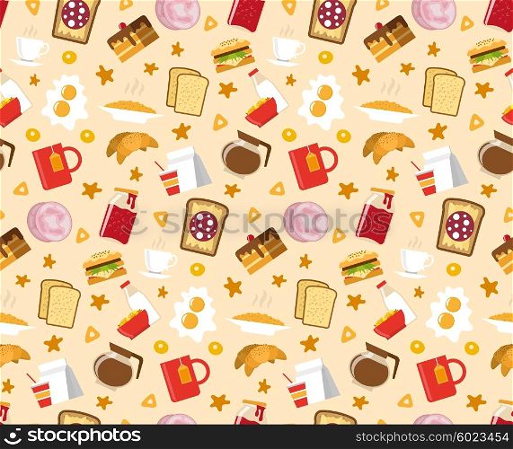 Breakfast Seamless Pattern . Breakfast seamless pattern with sandwiches cake and coffee flat vector illustration