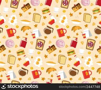 Breakfast seamless pattern with sandwiches cake and coffee flat vector illustration . Breakfast Seamless Pattern