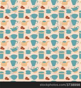 Breakfast seamless pattern with tea pots, cups and cakes. Hand drawn vector illustration.