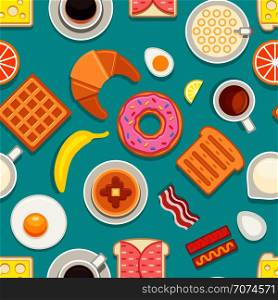 Breakfast seamless texture. Different meals and drinks colored on blue background. Vector cartoon style illustration breakfast food, coffee drink and dessert cake. Breakfast seamless texture. Different meals and drinks colored on blue background. Vector cartoon style illustration