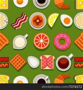 Breakfast seamless texture. Different meals and drinks colored on green background. Vector cartoon style illustration. Breakfast seamless texture. Vector cartoon style illustration