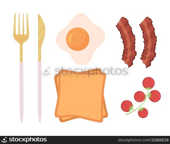 Breakfast semi flat color vector object set. Morning food and tools. Realistic item on white. Lifestyle isolated modern cartoon style illustration for graphic design and animation collection. Breakfast semi flat color vector object set
