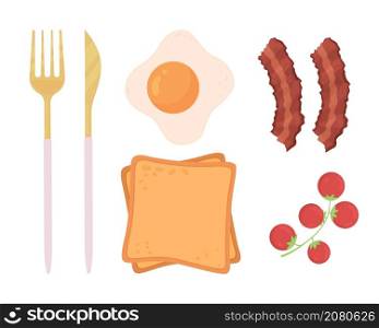 Breakfast semi flat color vector object set. Morning food and tools. Realistic item on white. Lifestyle isolated modern cartoon style illustration for graphic design and animation collection. Breakfast semi flat color vector object set