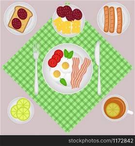 Breakfast set with tea, lemon, bacon and eggs. Vector illustration. Breakfast set with tea, lemon, bacon and eggs