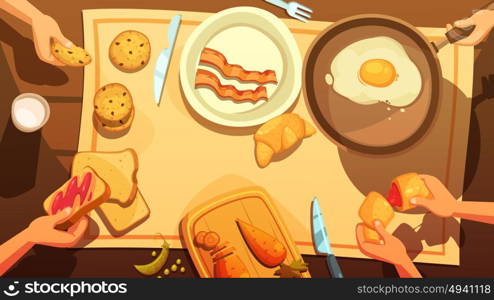 Breakfast Table Top View . Breakfast table top view in country style with fried eggs in pan plate with bacon peaces and hands holding cakes and croissants flat vector illustration