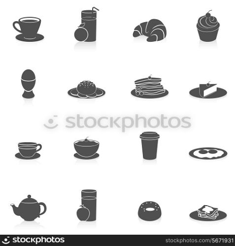 Breakfast tasty food and drink icon black set with coffee pancakes and fried bread isolated vector illustration