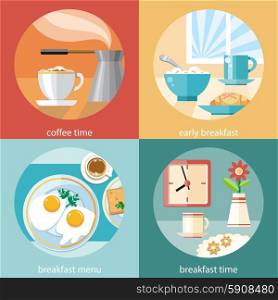 Breakfast time. Fried eggs with cup of coffe. Coffe time in flat design concept. Breakfast time concept icons
