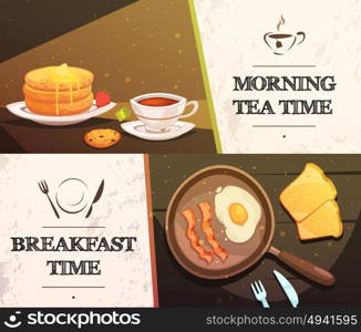 Breakfast Time Horizontal Banners. Breakfast time and morning tea two flat horizontal banners with cap of tea cake toast and pan with fried eggs vector illustration