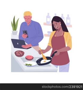 Breakfast time isolated cartoon vector illustrations. Woman makes fried eggs breakfast, busy man works on laptop, people lifestyle, cooking for husband, home kitchen appliances vector cartoon.. Breakfast time isolated cartoon vector illustrations.