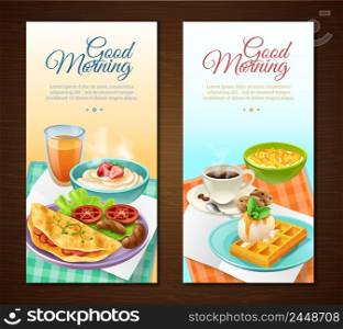 Breakfast vertical banners with coffee juice cereal sausages omelette with vegetables waffles with cream isolated vector illustration. Breakfast Vertical Banners