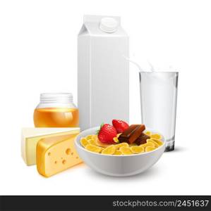Breakfast with cereals in bowl, milk glass, cheese and jar of honey realistic composition vector illustration. Breakfast Cereals Milk Realistic Composition