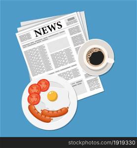 Breakfast with coffee top view. Plates of Breakfast on the table. Family Breakfast in different cultures. Newspaper on table with food illustration. Vector illustration in flat style. Breakfast with coffee