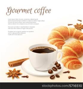 Breakfast with gourmet coffee with spices and croissant background vector illustration