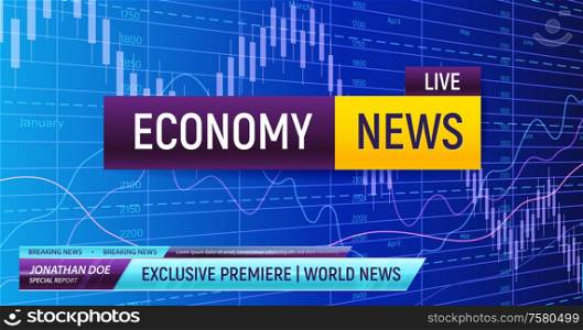 Breaking economy news composition with holographic diagrams background and box captions with editable text news ticker vector illustration