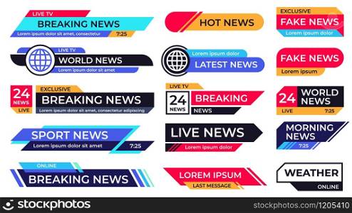 Breaking news banner. Broadcasting screen bars, television title third part banners and live TV sport news communication, information screen frame vector set. Breaking news banner. Broadcasting screen bars, television banners and live TV sport news frame vector set