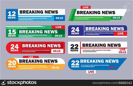 Breaking news banners collection. Live broadcast on TV fake news. Set of abstract headlines breaking news vector illustration