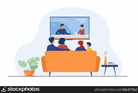 Breaking news concept. Back view of family couple and children sitting on sofa in living room, watching TV news with host interviewing guest. For television, broadcasting, media production concepts