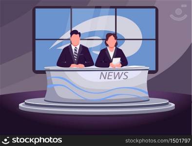 Breaking news flat color vector illustration. Male and female newscasters, newsreaders 2D cartoon characters with television studio on background. Professional anchorman and anchorwoman on air. Breaking news flat color vector illustration