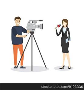Breaking news illustration.Beautiful female reporter with microphone and cameraman. Cartoon caucasian characters isolated on white background,flat vector