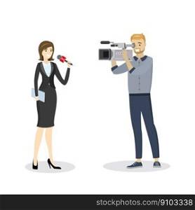 Breaking news illustration. Beautiful female reporter with microphone and cameraman isolated on white background. Cartoon characters,flat vector illustration