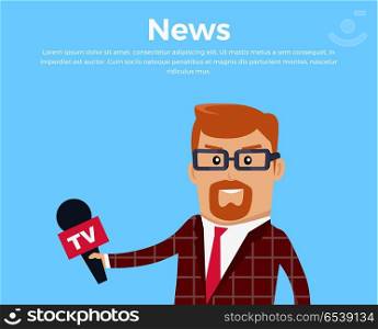 Breaking News Reporter Vector Illustration.. Breaking news concept banner. Media worker character vector. Flat design. TV journalist, reporter illustration. Live. Man in brown checkered suite with microphone. Isolated on white background.
