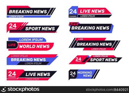 Breaking news TV banners set. Lower header, channel name or emblem with text, third part bottom line. Flat vector illustrations for television, broadcasting, video content concept