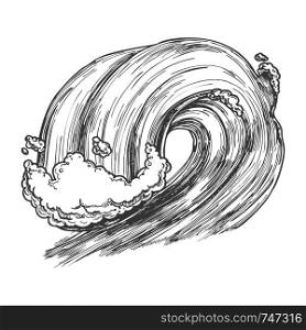 Breaking Tropical Sea Marine Wave Storm Vector. Giant Foamy Water Wave Tunnel For Coastline Extreme Activity Surfing. Motion Nature Aquatic Tsunami Monochrome Hand Drawn Cartoon Illustration. Breaking Tropical Sea Marine Wave Storm Vector