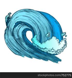 Breaking Tropical Sea Marine Wave Storm Vector. Giant Foamy Water Wave Tunnel For Coastline Extreme Activity Surfing. Motion Nature Aquatic Tsunami Color Hand Drawn Illustration. Color Breaking Tropical Sea Marine Wave Storm Vector