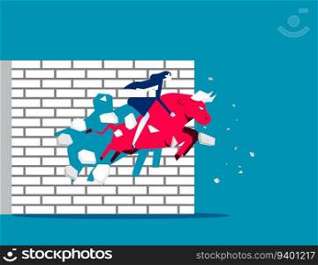 Breaking wall. Ride red bull and breaking wall. Business bull market concept