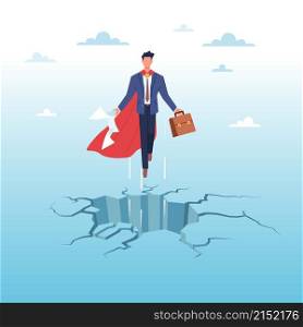 Breakthrough in the case. Businessman in superhero suit breaks ice, progress in project, new creative idea, creativity and innovation strategy. Vector cartoon flat style isolated business concept. Breakthrough in the case. Businessman in superhero suit breaks ice, progress in project, new creative idea, creativity and innovation strategy. Vector isolated business concept