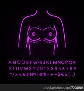 Breast augmentation neon light icon. Corrective woman breast surgery. Mammoplasty. Plastic surgery. Glowing sign with alphabet, numbers and symbols. Vector isolated illustration. Breast augmentation neon light icon