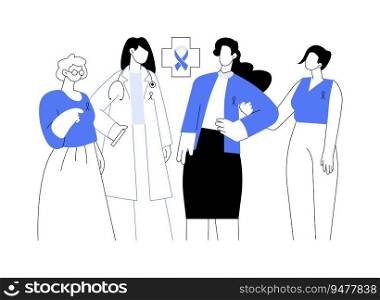 Breast cancer awareness abstract concept vector illustration. Women with breast cancer with doctor, medical examination, oncology treatment c&aign, illness awareness abstract metaphor.. Breast cancer awareness abstract concept vector illustration.
