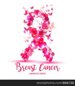 Breast cancer awareness concept illustration: pink ribbon symbol, pink watercolor blots . Vector hand drawn illustration.. Breast cancer awareness concept illustration: pink ribbon symbol