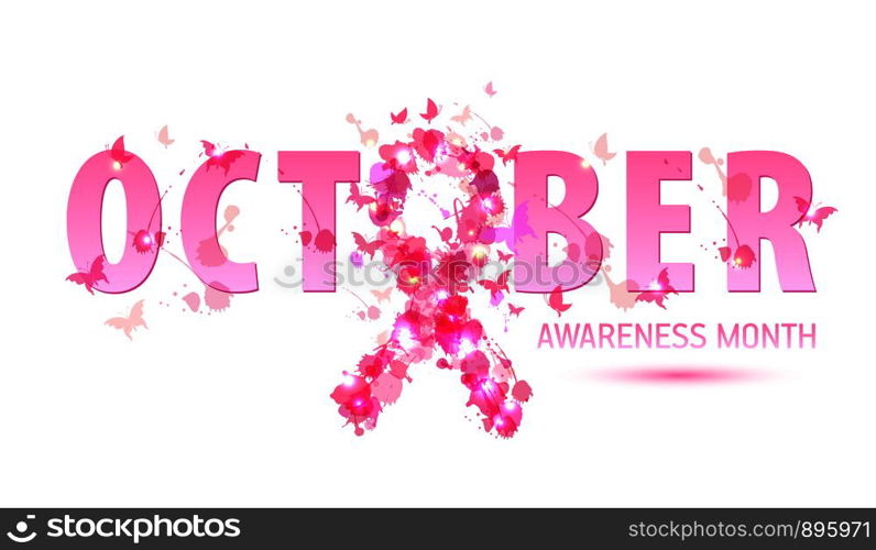 Breast cancer awareness concept illustration: pink ribbon symbol, pink watercolor blots with text october. Vector hand drawn illustration.. Breast cancer awareness concept illustration: pink ribbon symbol