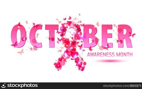 Breast cancer awareness concept illustration: pink ribbon symbol, pink watercolor blots with text october. Vector hand drawn illustration.. Breast cancer awareness concept illustration: pink ribbon symbol