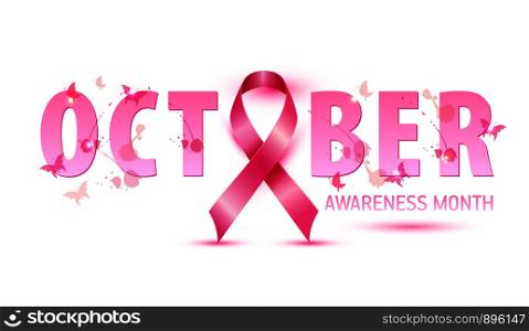 Breast cancer awareness concept illustration pink ribbon symbol, pink watercolor blots with text october.. Breast cancer awareness concept illustration pink ribbon symbol, pink watercolor blots with text october. Vector hand drawn illustration.